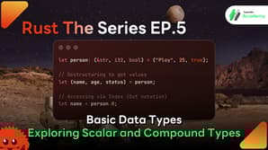 Infographic showing Rust data types categorization into Scalar and Compound types with code snippets and descriptions.